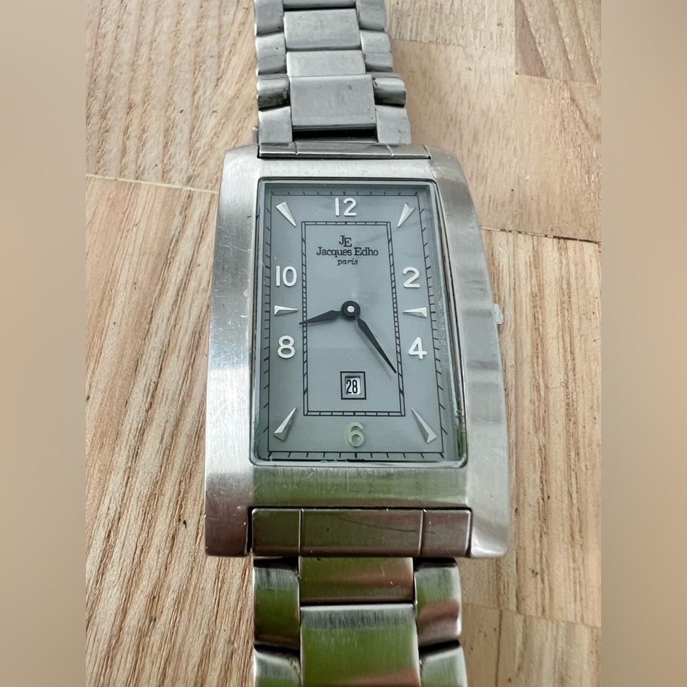 Jacques Edho Paris silver tone rectangular curvex dress watch NEW BATTERY